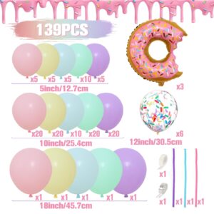 Donut Birthday Party Decorations,140Pcs Sweet One Balloon Garland Arch Kit and Happy Birthday Backdrop,Pastel Confetti Donut Foil Balloons for Donut Grow Up Baby Shower Decor Two Sweet Party Supplies