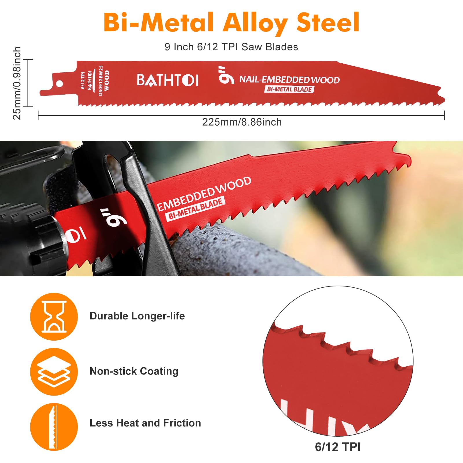 25 Pack 9 Inch 6/12 Tpi Reciprocating Saw Blades for Wood and Nail-Embedded Wood Cutting, Bi-Metal Sawzall Blades with 8% Cobalt for Longer Life and Faster Cutting Speed