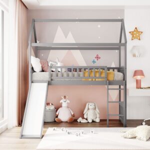 LostCat Twin Size Loft Bed with Slide, House Shaped Solid Pine Wood Bed Frame w/Safety Guardrail & Ladder, No Box Spring Needed, Save Space Design, for Kids, Teens, Girls, Boys, Gray