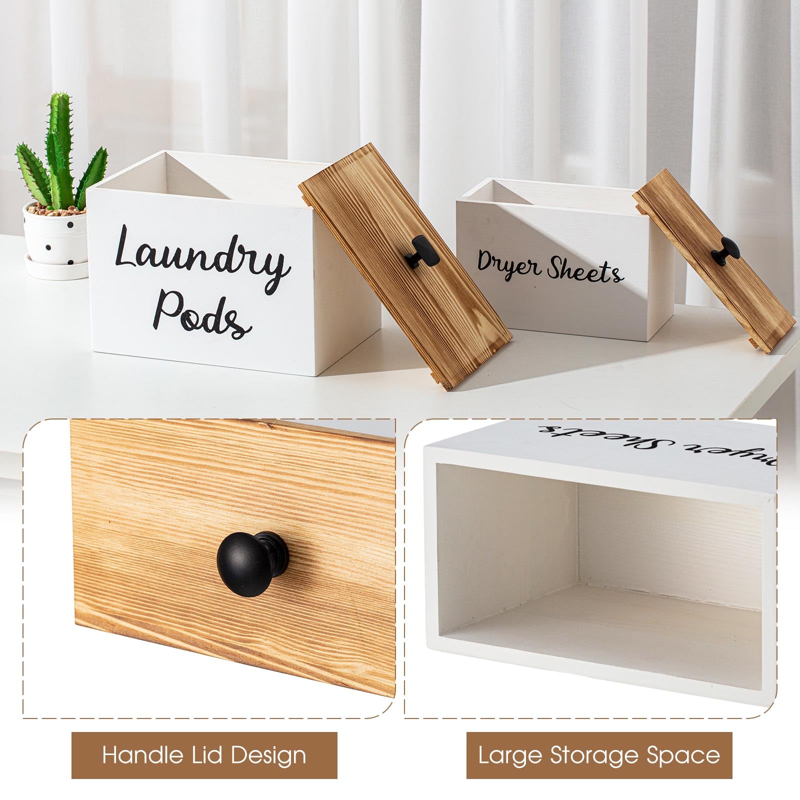 Dandat 2 Pcs Wood Laundry Dryer Sheet Holder Rustic Laundry Pod Container with Lid 8.7 x 6.3 x 6.4 Inch Laundry Pod Holder 7.3 x 3.7 x 5 Inch Dryer Sheet Dispenser Laundry Wooden Box Container (White)