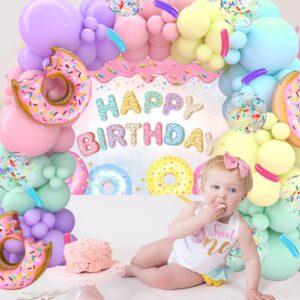 Donut Birthday Party Decorations,140Pcs Sweet One Balloon Garland Arch Kit and Happy Birthday Backdrop,Pastel Confetti Donut Foil Balloons for Donut Grow Up Baby Shower Decor Two Sweet Party Supplies