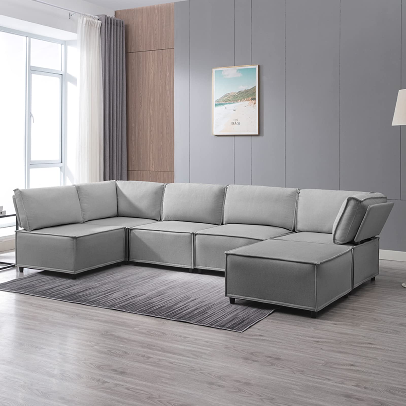 CECER Modular Sectional Sofa, U Shaped Convertible Couch Sofa with Reversible Chaises, Queen Sleeper Sofa, Modular Oversized Sofa Couches for Living Room (Light Grey)