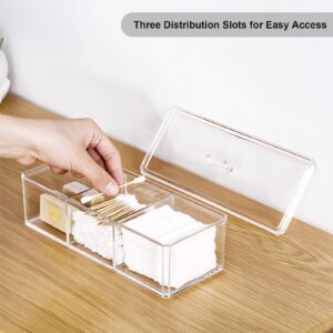 EOFJRUC Qtip Holder Cotton Ball and Swab Dispenser with Lid Clear Acrylic 3 Compartments Bathroom Canisters Cotton Pad Organizer Bathroom Vanity Countertop