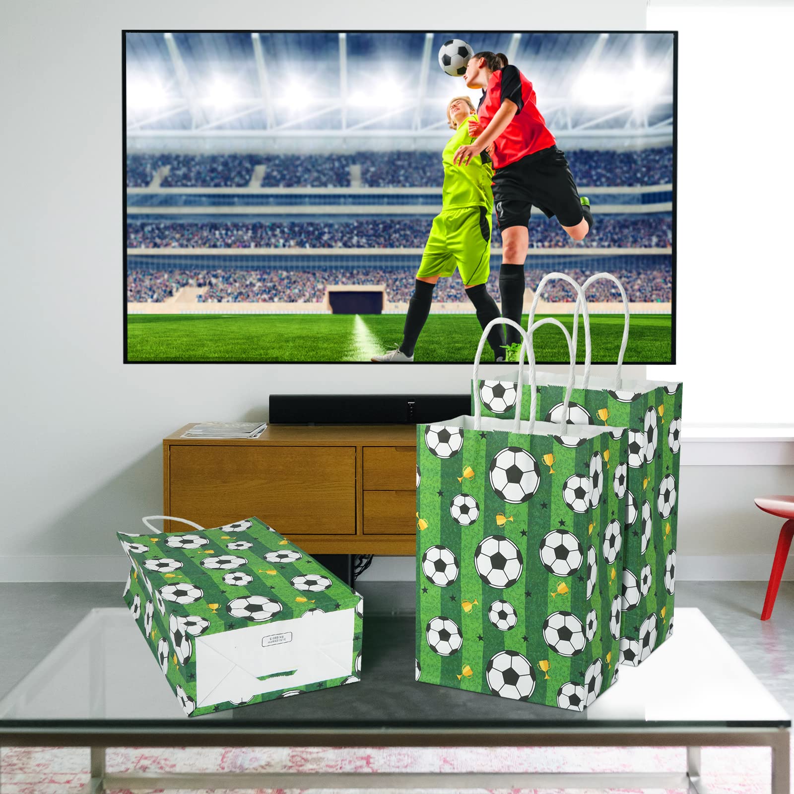 16pcs Soccer Party Favor Paper Bags, Green Football Gift Bag Football Themed Party Bags with Handles Soccer Goodie Bags Treat Candy Bags for Kids Adults Soccer Party Supplies