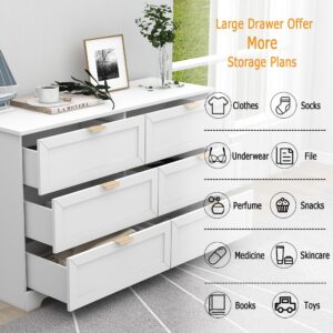 UYIHOME 6 Drawer Dresser for Bedroom, Modern Long Dresser Chest with Large Drawer, Wooden Chest of Dresser Storage Cabinet Organizer Unit for Living Room, Cloakroom, Entryway, Hallyway, White