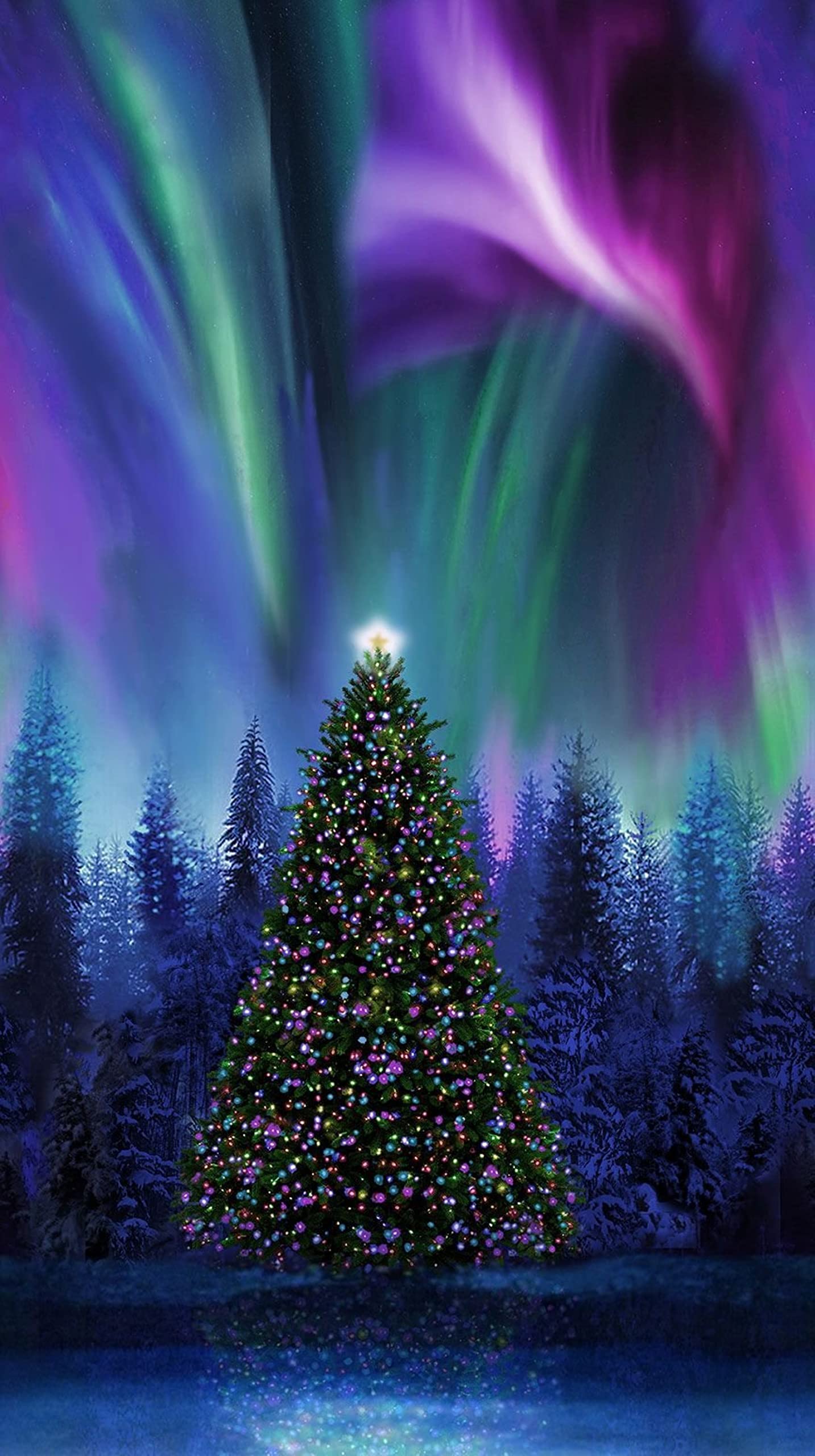 Timeless Treasures Winter Solstice CD2010 Multi Christmas Tree Under Aurora Boralis 24" Panel