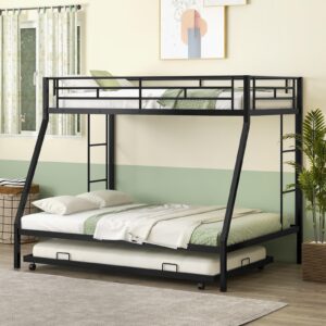 Giantex Twin Over Full Bunk Bed with Trundle, Heavy-Duty Metal Triple Bunk Beds w/Two Side Ladders & Safety Guard Rail, 3 in 1 Bunk Beds for Kids Teens, No Box Spring Needed, Black