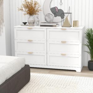 UYIHOME 6 Drawer Dresser for Bedroom, Modern Long Dresser Chest with Large Drawer, Wooden Chest of Dresser Storage Cabinet Organizer Unit for Living Room, Cloakroom, Entryway, Hallyway, White