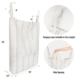 AELS Farmhouse Hanging Laundry Hamper with 2 Hooks, Boho Beige & Brown Stripes Linen Laundry Bag with Zipper & Wide Open Top, Over the Door Organizer for Dirty Clothes, Washable Space Saving Storage