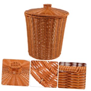 Toyvian Rattan Round Waste Basket, Woven Basket with Lid Wicker Basket Wastebasket Storage Basket for Bathroom Kitchen