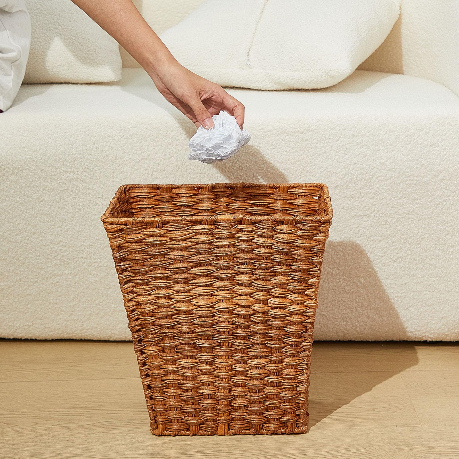 Dandat 2 Pieces Small Woven Basket Trash Can Bathroom Waste Baskets Decorative Rectangular Trash Basket Bin Plastic Woven Garbage Can Wastebasket for Home Laundry Kitchen Bedroom Office Craft (Brown)