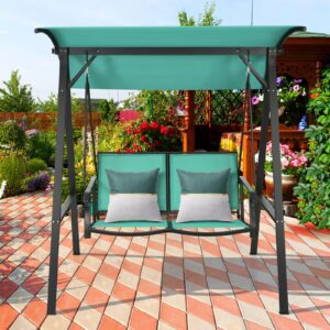 Tangkula 2-Person Patio Swing, Weather Resistant Porch Swing with Adjustable Canopy, Steel Frame, Outdoor Modern Canopy Swing with Handrails, Suitable for Porch Garden Poolside (Green)