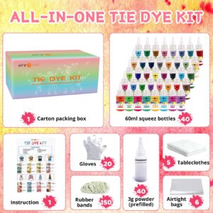 HTVRONT Tie Dye Kit - 40 Vibrant Colors Tye Dye Kit for Large Groups, Pre-Filled Bottles Tye dye for Kids, Permanent Tie Dye Kits for Adults Tyedyedye Party Supplies Tye dye Kit to Go(Just Add Water)