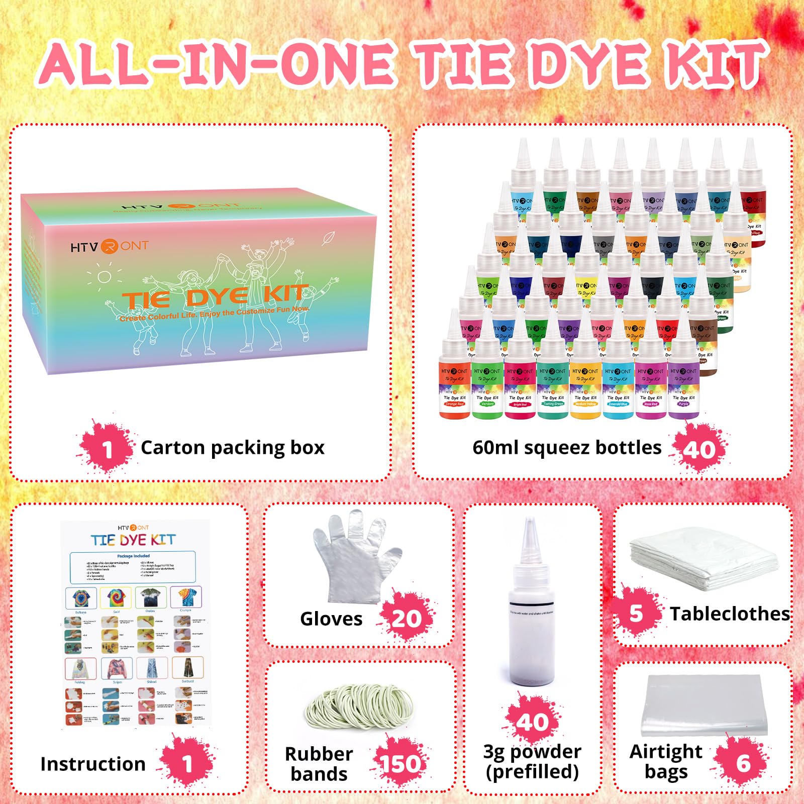 HTVRONT Tie Dye Kit - 40 Vibrant Colors Tye Dye Kit for Large Groups, Pre-Filled Bottles Tye dye for Kids, Permanent Tie Dye Kits for Adults Tyedyedye Party Supplies Tye dye Kit to Go(Just Add Water)