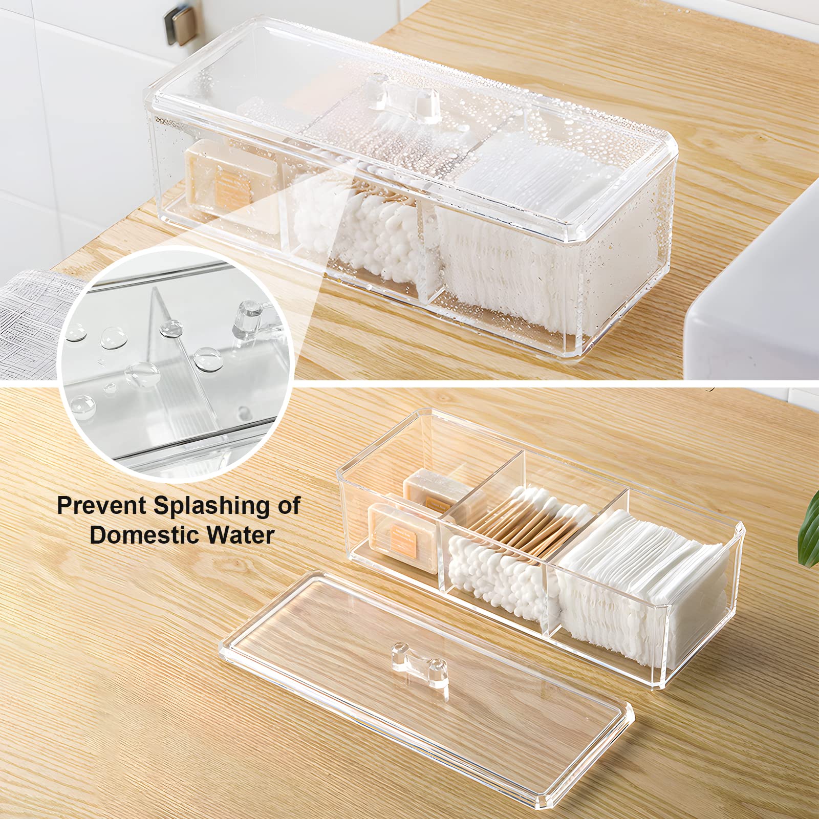 EOFJRUC Qtip Holder Cotton Ball and Swab Dispenser with Lid Clear Acrylic 3 Compartments Bathroom Canisters Cotton Pad Organizer Bathroom Vanity Countertop