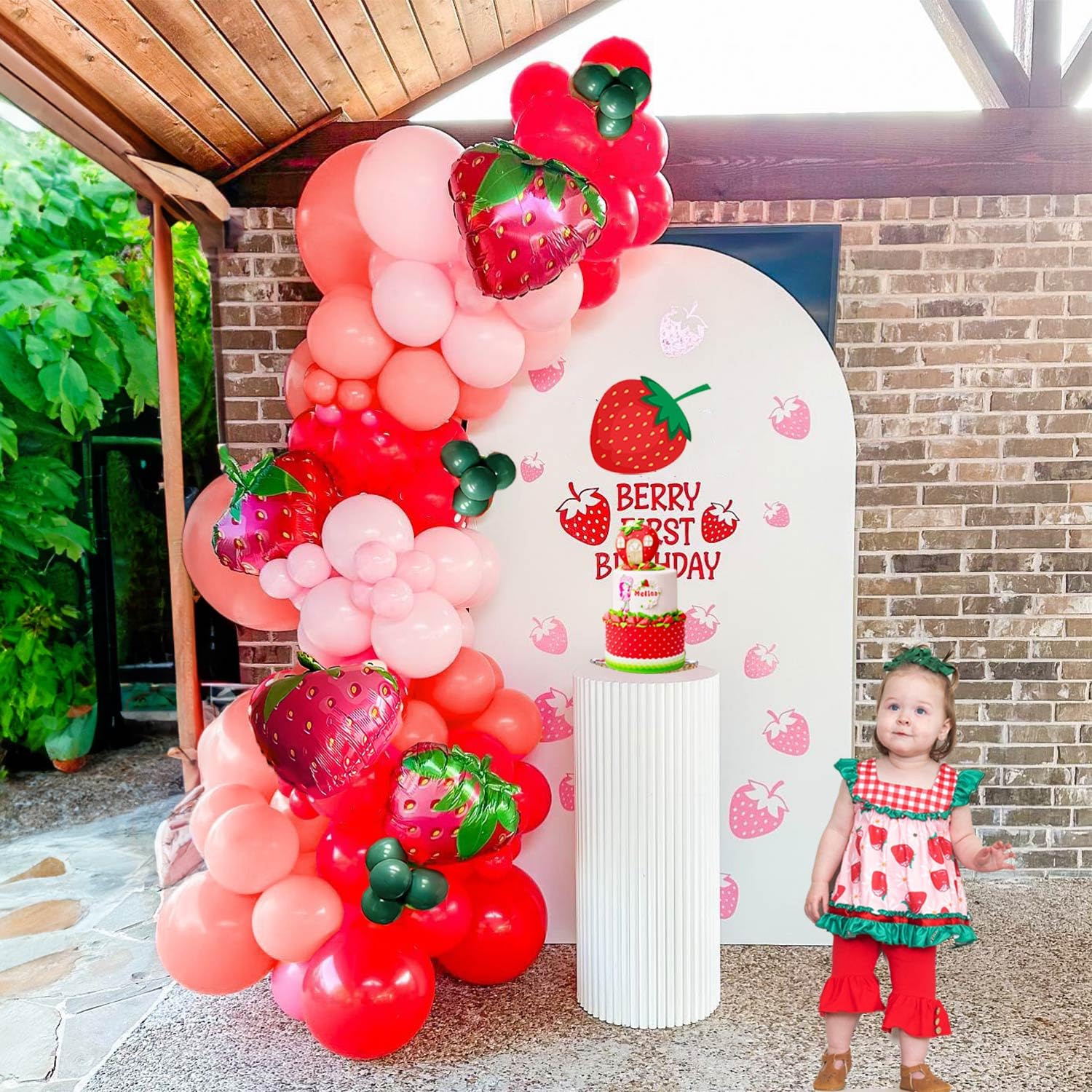 Red Pink Green Strawberry Balloon garland arch kit 130pcs with large mylar berry balloon for Sweet One baby girl fruit theme Berry first 1st Birthday Party Decorations