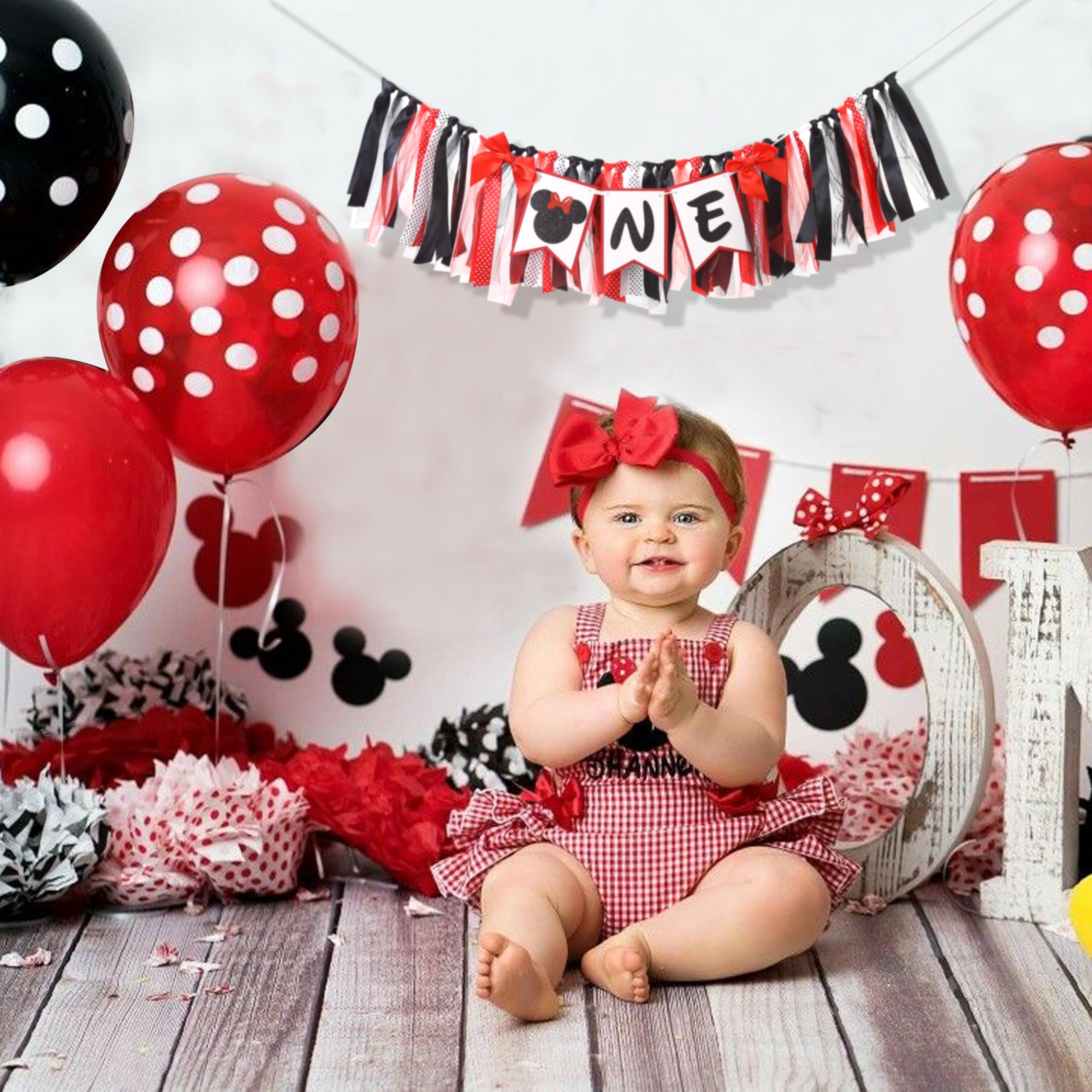 Minnie One High Chair Banner - Mouse 1st/First Birthday Decorations,Minnie 1st/First Birthday High Chair,Red And Black Minnie Highchair Banner,Mouse First Photo Props.