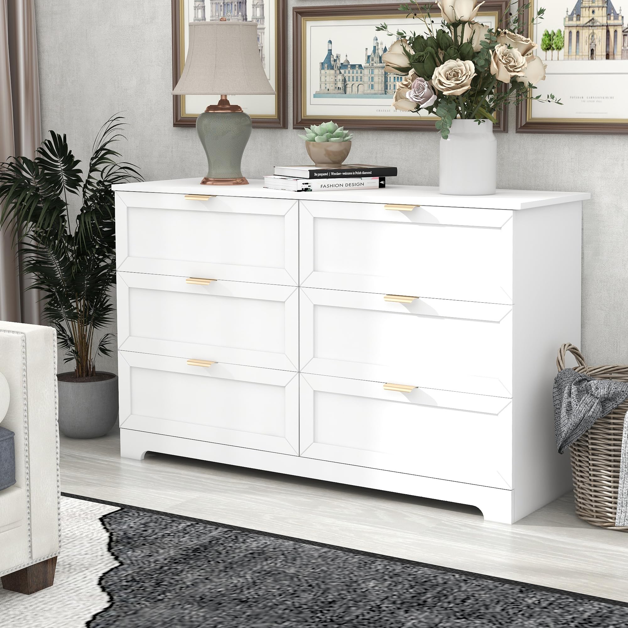 UYIHOME 6 Drawer Dresser for Bedroom, Modern Long Dresser Chest with Large Drawer, Wooden Chest of Dresser Storage Cabinet Organizer Unit for Living Room, Cloakroom, Entryway, Hallyway, White