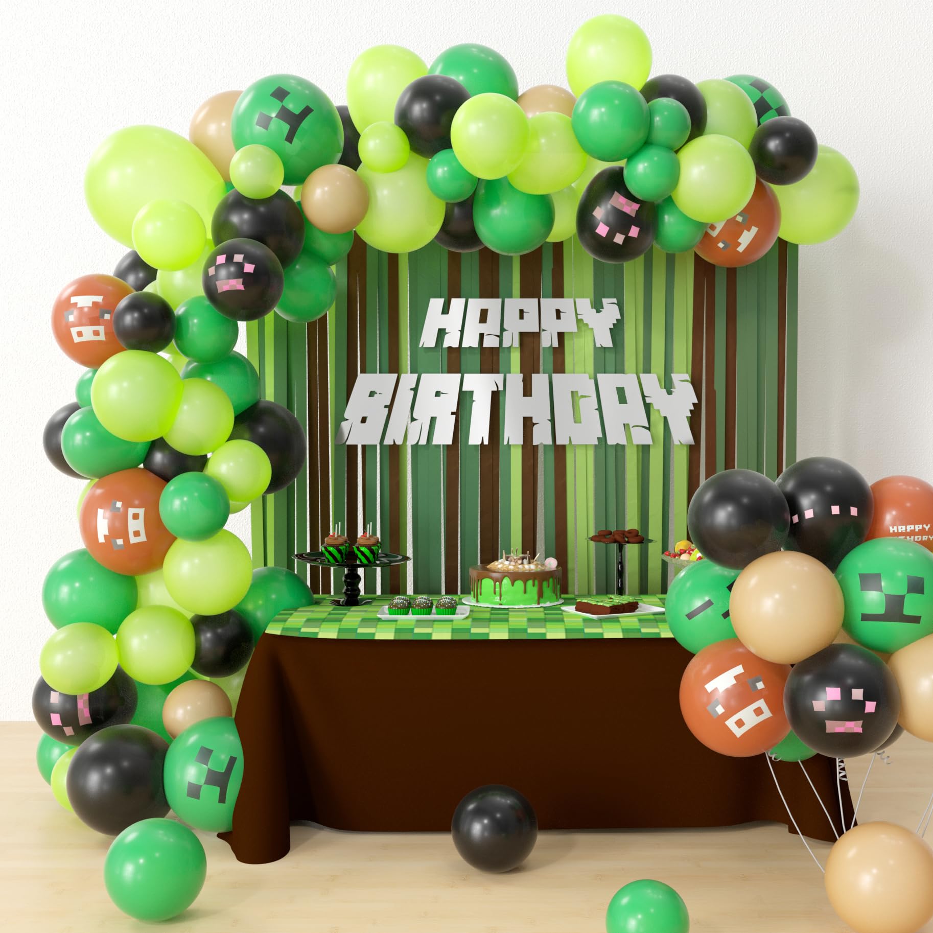 HYOWCHI Miner Crafting Birthday Party Supplies - 115 Pcs Miner Crafting Balloon Garland Arch Kit, Green Brown Balloon Arch Decorations For Video Game Theme Miner Crafting Party Decorations Backdrop