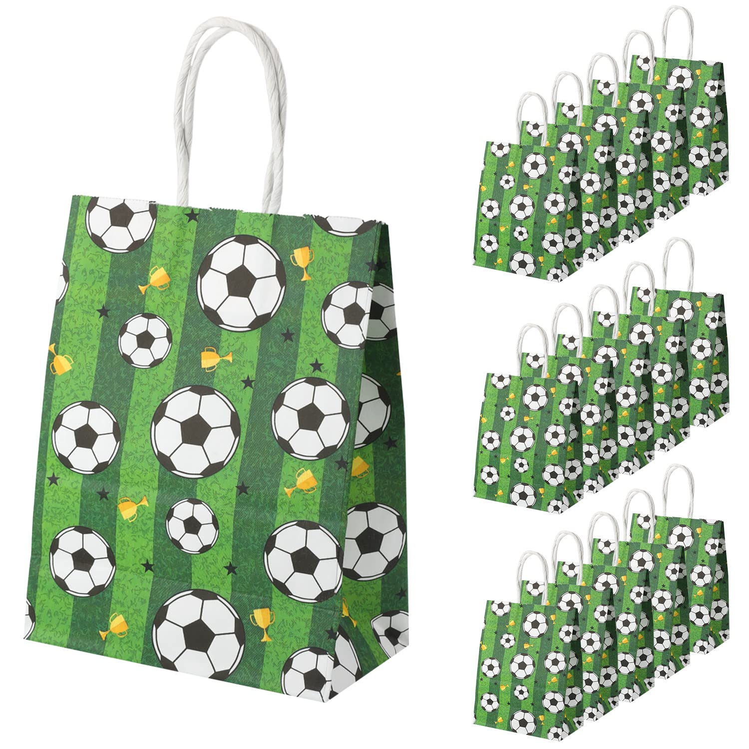 16pcs Soccer Party Favor Paper Bags, Green Football Gift Bag Football Themed Party Bags with Handles Soccer Goodie Bags Treat Candy Bags for Kids Adults Soccer Party Supplies