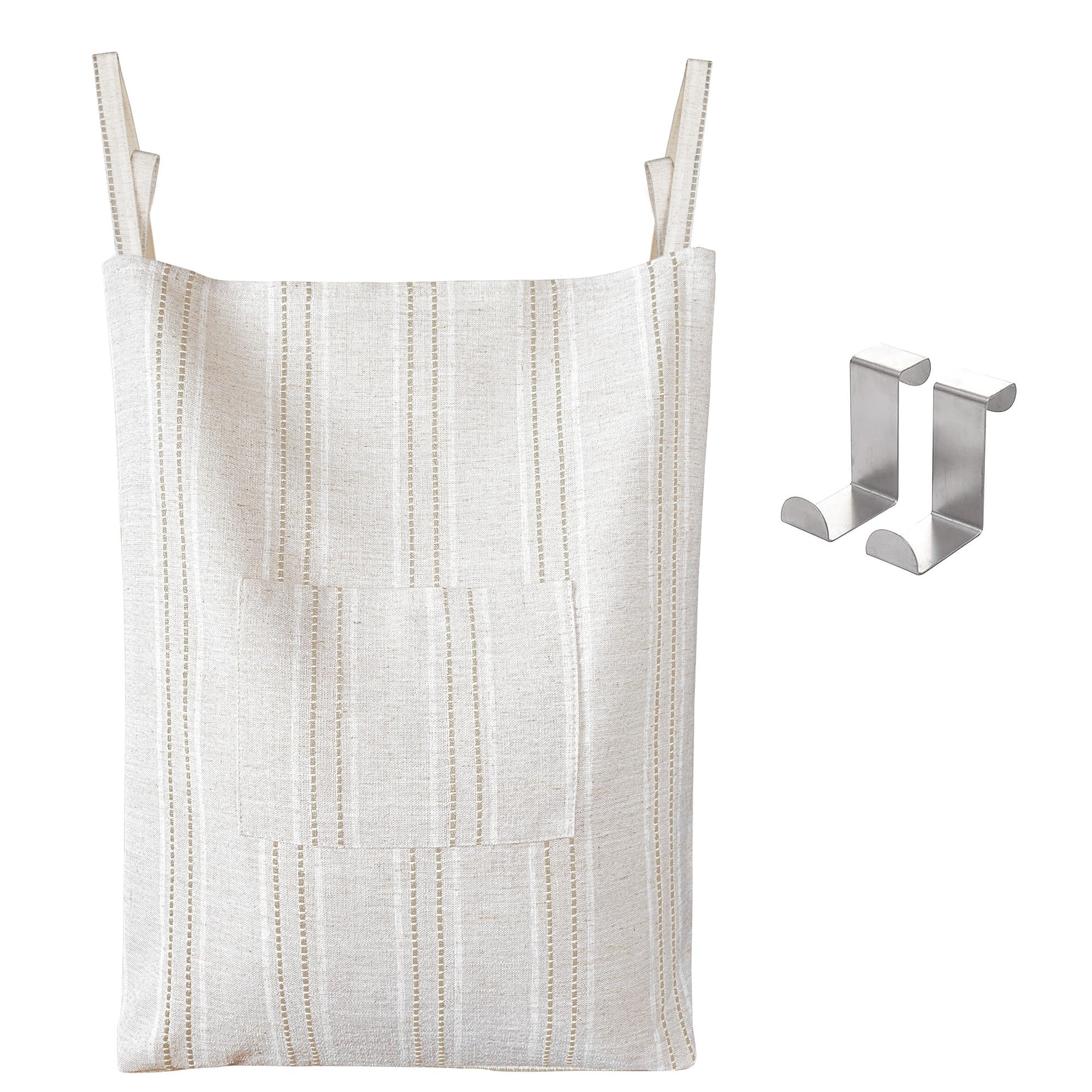 AELS Farmhouse Hanging Laundry Hamper with 2 Hooks, Boho Beige & Brown Stripes Linen Laundry Bag with Zipper & Wide Open Top, Over the Door Organizer for Dirty Clothes, Washable Space Saving Storage