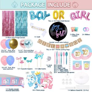 Guudmua 312 Pcs Gender Reveal Decorations, Baby Gender Reveal Party Supplies- Disposable Dinnerware Set With Pink and Blue (25 Guest), Boy or Girl Banner, Balloon, Sash, Cake Topper, Photo Props