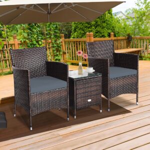 toolsempire 3 pieces patio conversation set, outdoor wicker furniture set with water-resistant cushion & tempered glass tabletop, patio porch furniture set bistro set for balcony, poolside (gray)