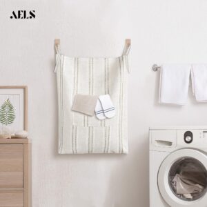 AELS Farmhouse Hanging Laundry Hamper with 2 Hooks, Boho Beige & Brown Stripes Linen Laundry Bag with Zipper & Wide Open Top, Over the Door Organizer for Dirty Clothes, Washable Space Saving Storage