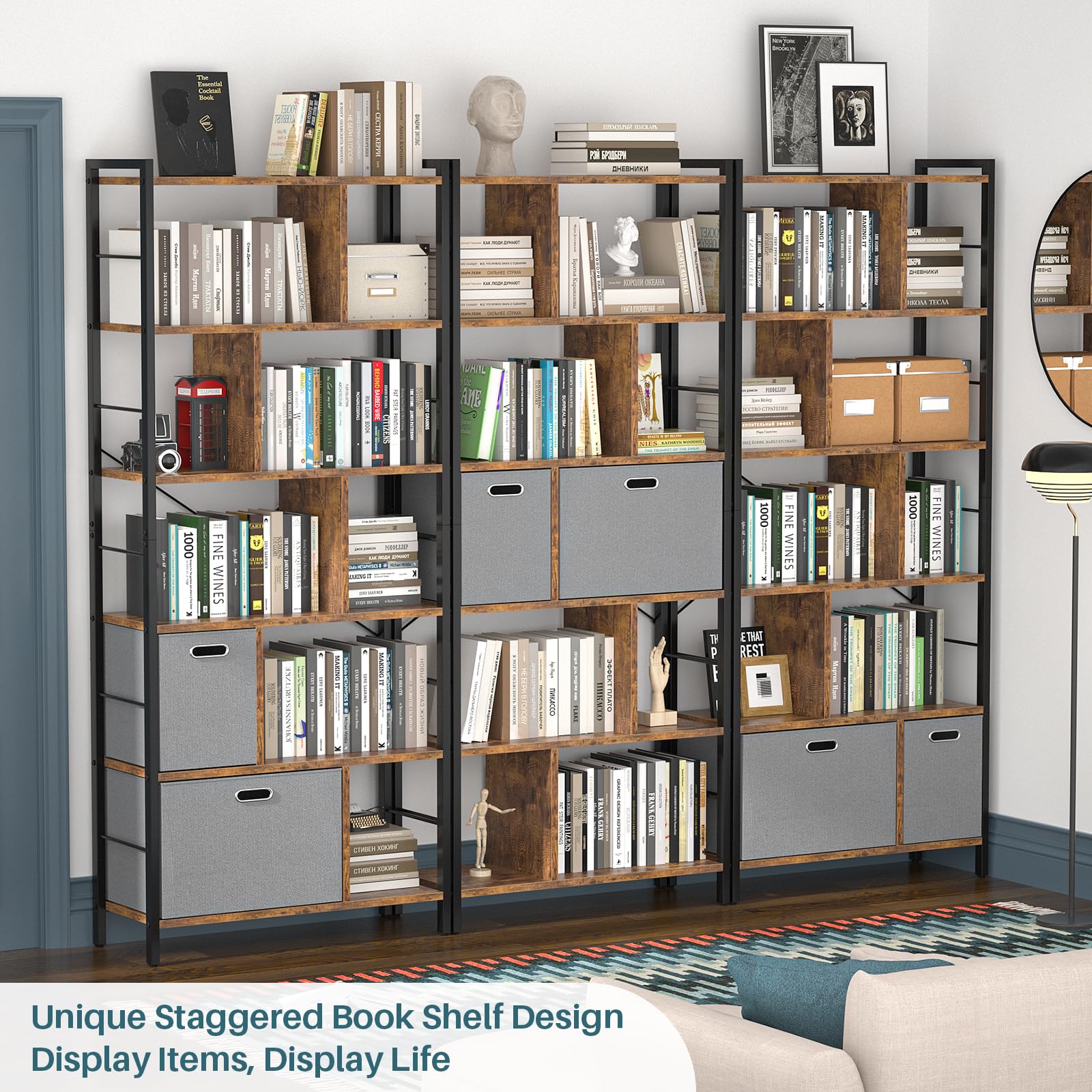 74 Inch Tall Bookshelf, 6 Tier Bookcase with Drawers, Modern Book Shelf Display Standing Shelf Units with Storage, Wood and Metal Bookshelves for Living Room, Bedroom, Home Office, Rustic Brown