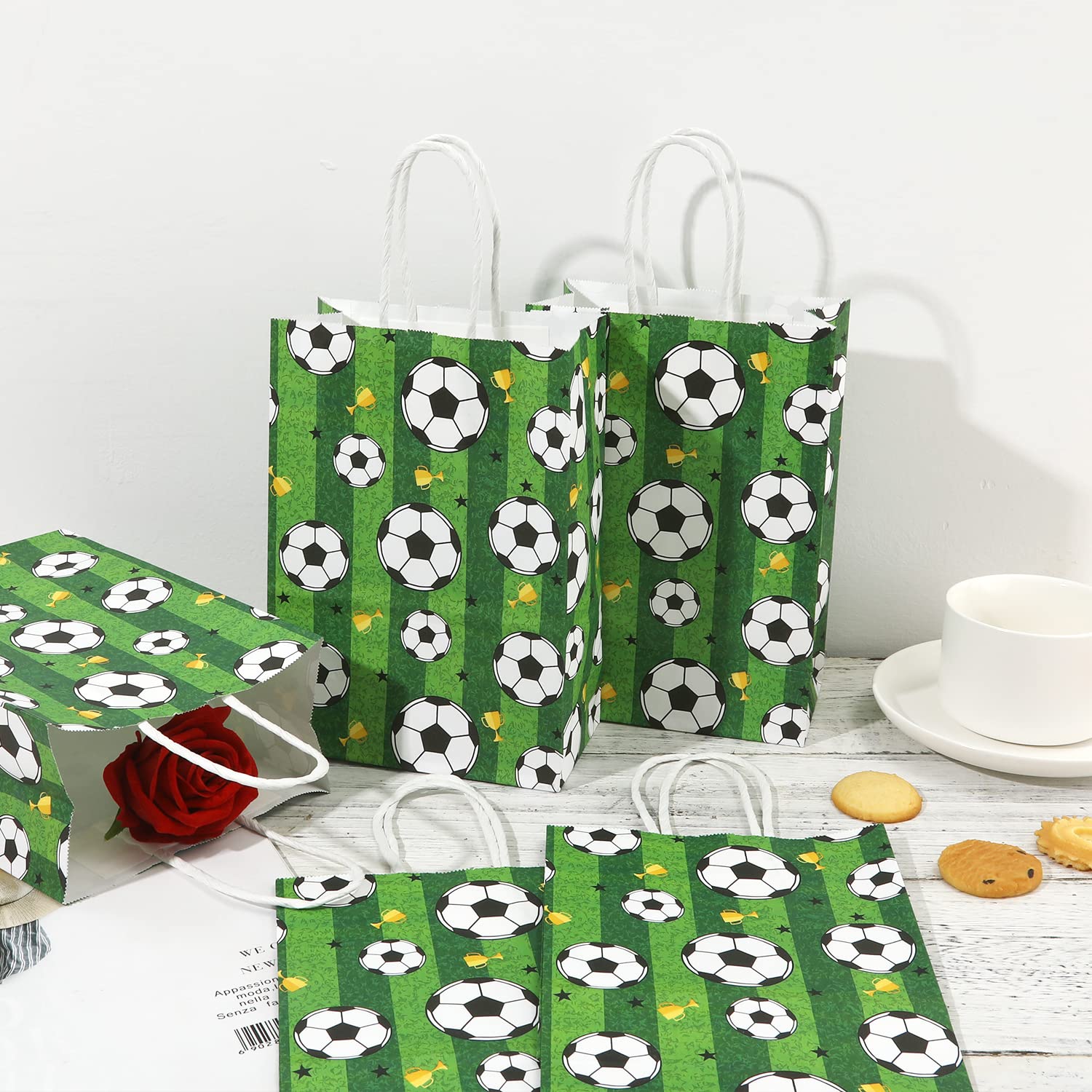 16pcs Soccer Party Favor Paper Bags, Green Football Gift Bag Football Themed Party Bags with Handles Soccer Goodie Bags Treat Candy Bags for Kids Adults Soccer Party Supplies