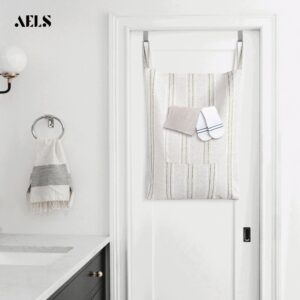 AELS Farmhouse Hanging Laundry Hamper with 2 Hooks, Boho Beige & Brown Stripes Linen Laundry Bag with Zipper & Wide Open Top, Over the Door Organizer for Dirty Clothes, Washable Space Saving Storage