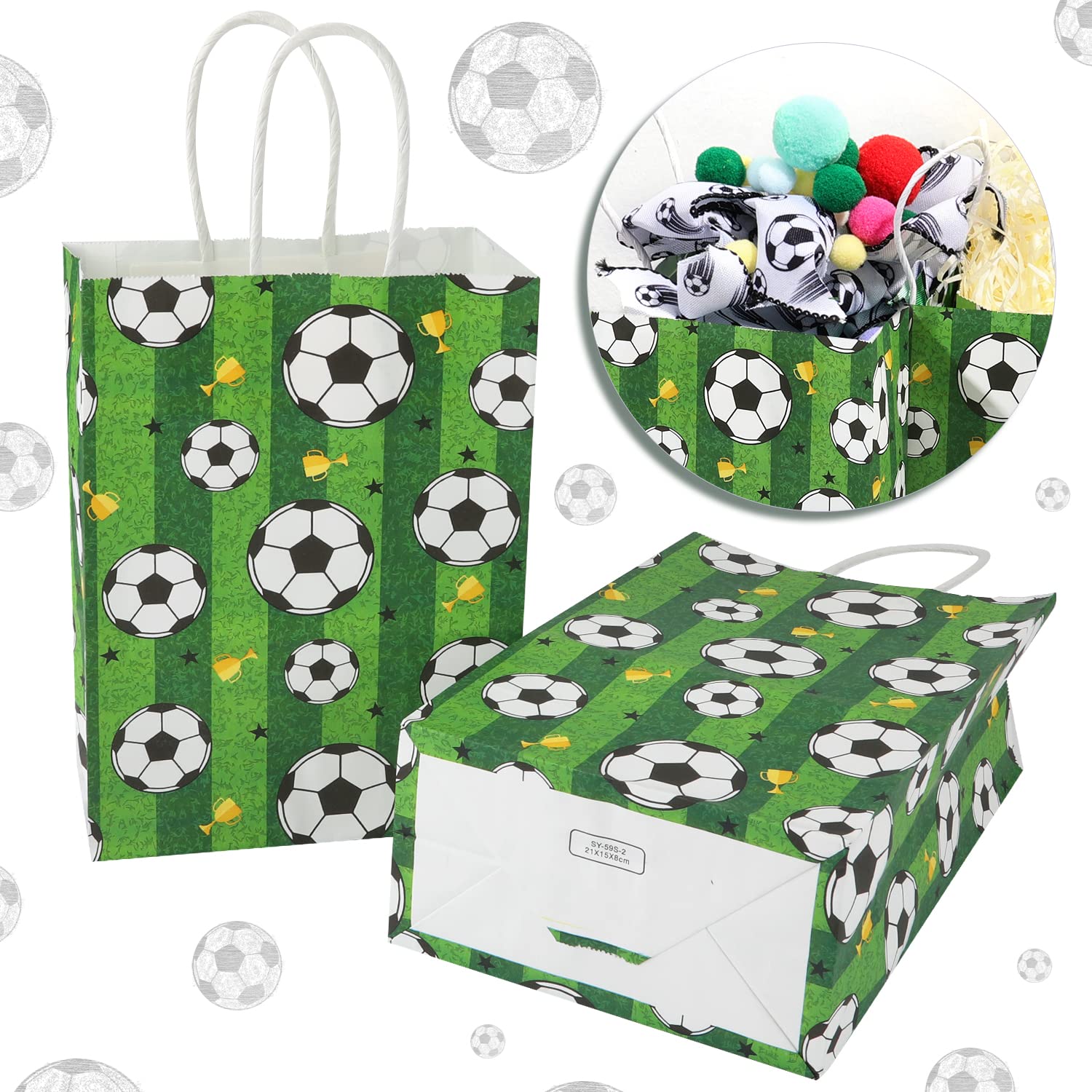 16pcs Soccer Party Favor Paper Bags, Green Football Gift Bag Football Themed Party Bags with Handles Soccer Goodie Bags Treat Candy Bags for Kids Adults Soccer Party Supplies