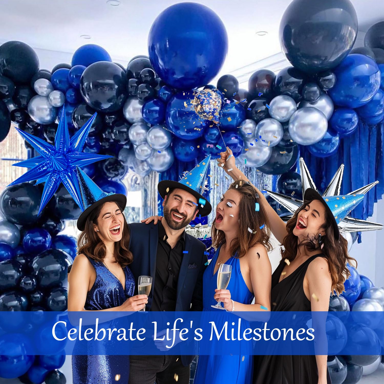 Navy Blue and Silver balloon Garland Kit 132PCS dark blue with starburst Balloons Arch for baby shower boy 1st birthday party anniversary 2024 graduation ceremony decorations