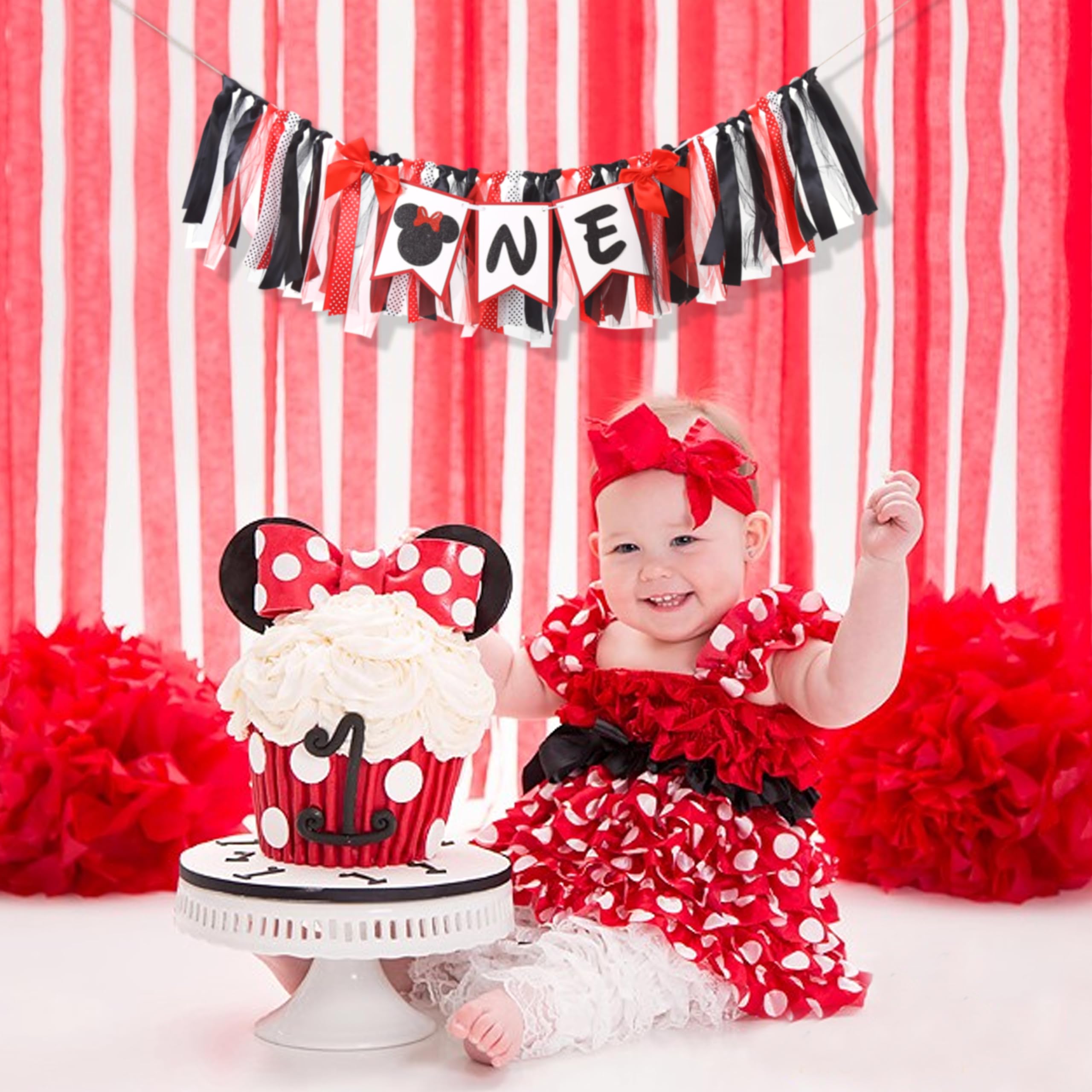 Minnie One High Chair Banner - Mouse 1st/First Birthday Decorations,Minnie 1st/First Birthday High Chair,Red And Black Minnie Highchair Banner,Mouse First Photo Props.