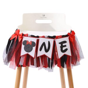 minnie one high chair banner - mouse 1st/first birthday decorations,minnie 1st/first birthday high chair,red and black minnie highchair banner,mouse first photo props.