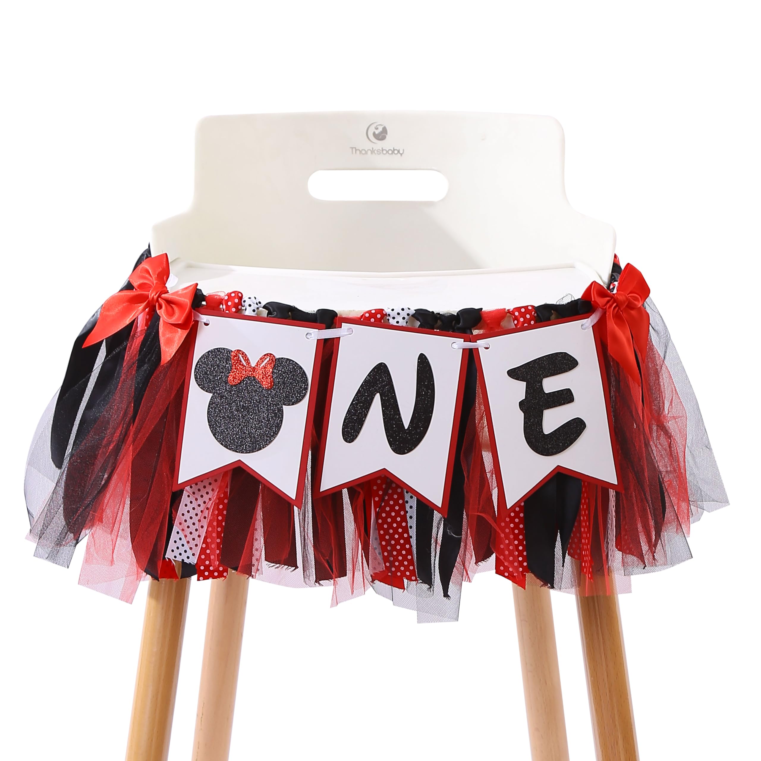 Minnie One High Chair Banner - Mouse 1st/First Birthday Decorations,Minnie 1st/First Birthday High Chair,Red And Black Minnie Highchair Banner,Mouse First Photo Props.