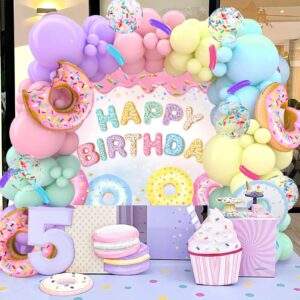 Donut Birthday Party Decorations,140Pcs Sweet One Balloon Garland Arch Kit and Happy Birthday Backdrop,Pastel Confetti Donut Foil Balloons for Donut Grow Up Baby Shower Decor Two Sweet Party Supplies