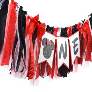 Minnie One High Chair Banner - Mouse 1st/First Birthday Decorations,Minnie 1st/First Birthday High Chair,Red And Black Minnie Highchair Banner,Mouse First Photo Props.