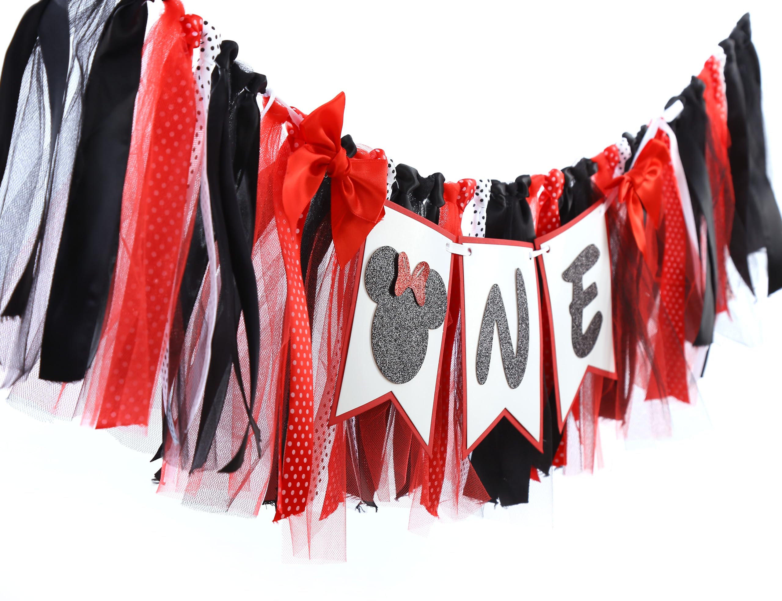 Minnie One High Chair Banner - Mouse 1st/First Birthday Decorations,Minnie 1st/First Birthday High Chair,Red And Black Minnie Highchair Banner,Mouse First Photo Props.