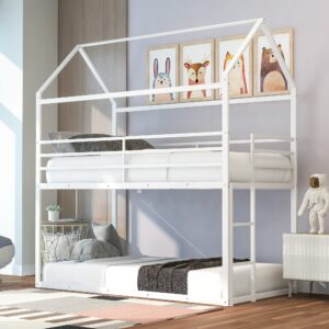 lostcat twin over twin metal bunk bed, house low bunk bed frame w/safety guardrail & ladder, no box spring needed, seasy to install, for kids, teens, girls, boys, white