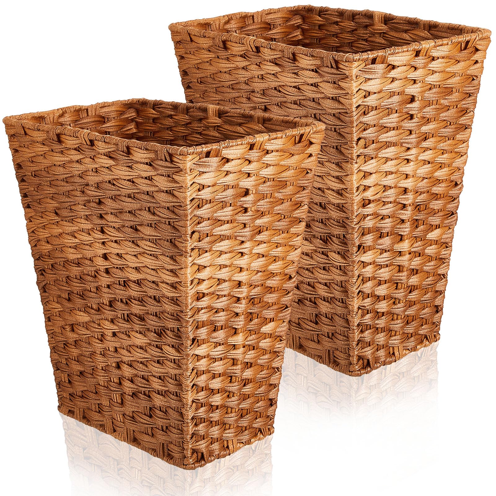 Dandat 2 Pieces Small Woven Basket Trash Can Bathroom Waste Baskets Decorative Rectangular Trash Basket Bin Plastic Woven Garbage Can Wastebasket for Home Laundry Kitchen Bedroom Office Craft (Brown)