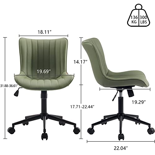 YOUNIKE Green Ergonomic Home Office Desk Chair with Wheels Comfy Armless Criss Cross Chair with Adjustable Back Modern Leather Upholstered Swivel Vanity Chair Small Cute Rolling Task Chair Women Olive