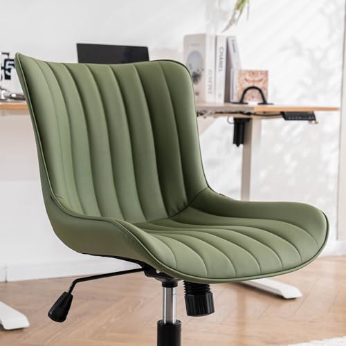 YOUNIKE Green Ergonomic Home Office Desk Chair with Wheels Comfy Armless Criss Cross Chair with Adjustable Back Modern Leather Upholstered Swivel Vanity Chair Small Cute Rolling Task Chair Women Olive