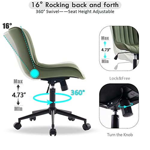 YOUNIKE Green Ergonomic Home Office Desk Chair with Wheels Comfy Armless Criss Cross Chair with Adjustable Back Modern Leather Upholstered Swivel Vanity Chair Small Cute Rolling Task Chair Women Olive