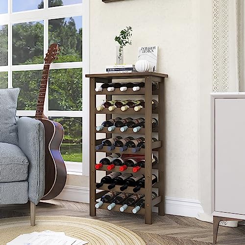 SMIBUY Bamboo Wine Rack, 28 Bottles Display Holder with Table Top, 7-Tier Free Standing Storage Shelves for Kitchen, Pantry, Cellar, Bar (Walnut)