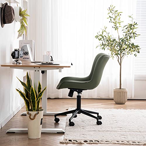 YOUNIKE Green Ergonomic Home Office Desk Chair with Wheels Comfy Armless Criss Cross Chair with Adjustable Back Modern Leather Upholstered Swivel Vanity Chair Small Cute Rolling Task Chair Women Olive