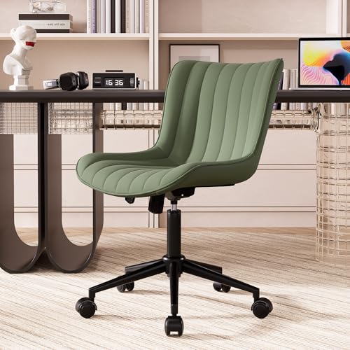 YOUNIKE Green Ergonomic Home Office Desk Chair with Wheels Comfy Armless Criss Cross Chair with Adjustable Back Modern Leather Upholstered Swivel Vanity Chair Small Cute Rolling Task Chair Women Olive