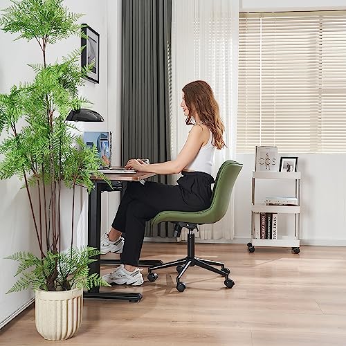 YOUNIKE Green Ergonomic Home Office Desk Chair with Wheels Comfy Armless Criss Cross Chair with Adjustable Back Modern Leather Upholstered Swivel Vanity Chair Small Cute Rolling Task Chair Women Olive