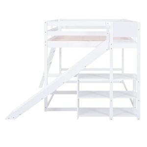 CITYLIGHT Full Over Full Bunk Beds with Slide, Wood Full Bunk Bed with Storage Shelves & Ladder,Floor Bunk Bed Full Size for Kids Girls Boys, White