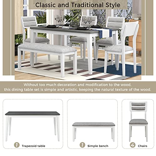 ERYE FANYE Classic Wooden 6-Piece Upholstered Dining Furniture Sets Include 1 Table, 4 Chairs with Soft Cushions and Padded Bench for Home Apartment Kitchen & Dining Room,White+Gray